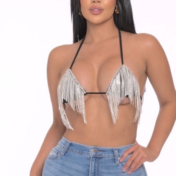 Cascading Rhinestone Embellished Black Triangle Bikini Top Bralette - Picture 1 of 5